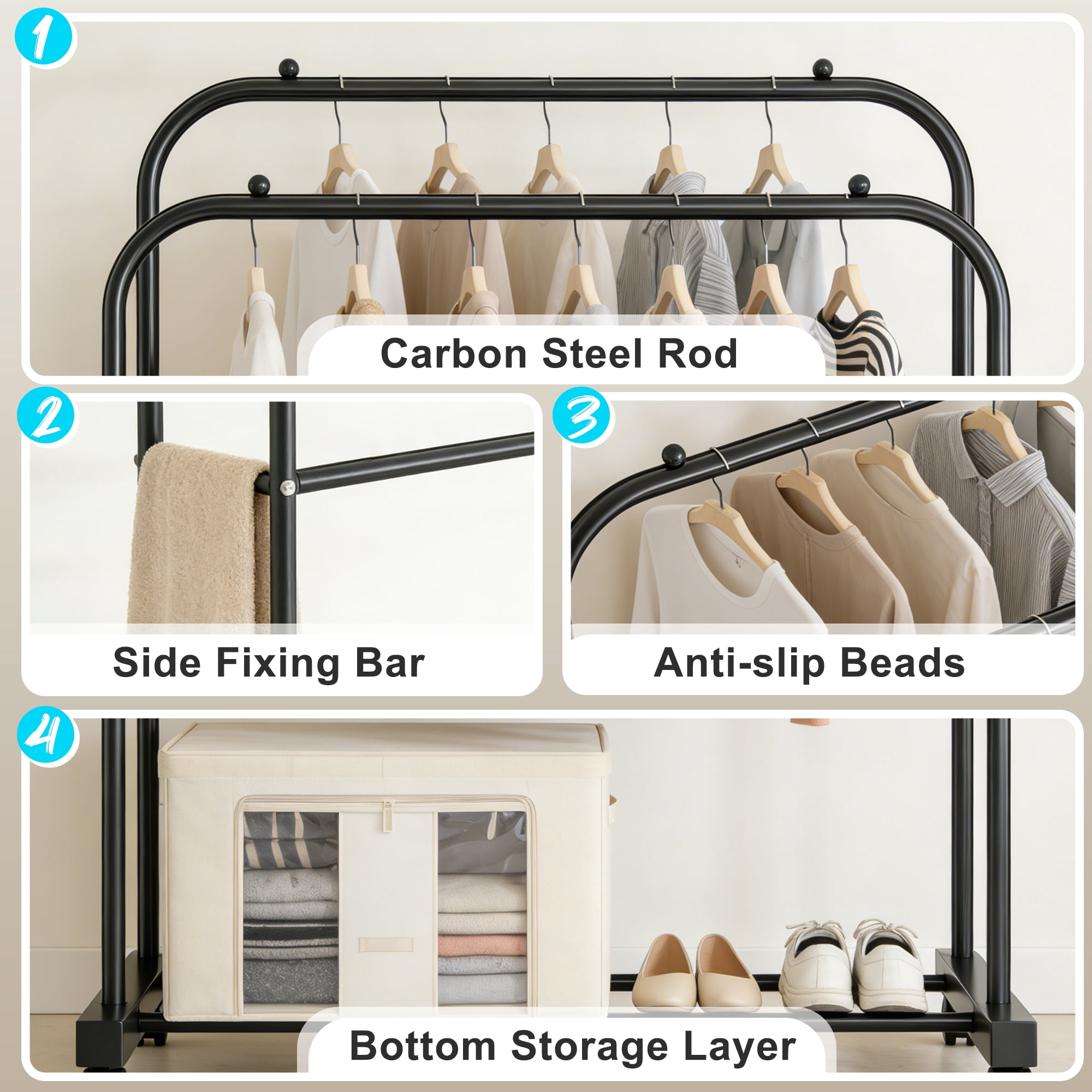 GARITIN Clothes Rack, Garment Rack, Rolling Heavy Duty Double Rod Clothing Rack with Wheels, Portable Closet Rack for Hanging Clothes for Bedroom, Laundry, Entryway, Black