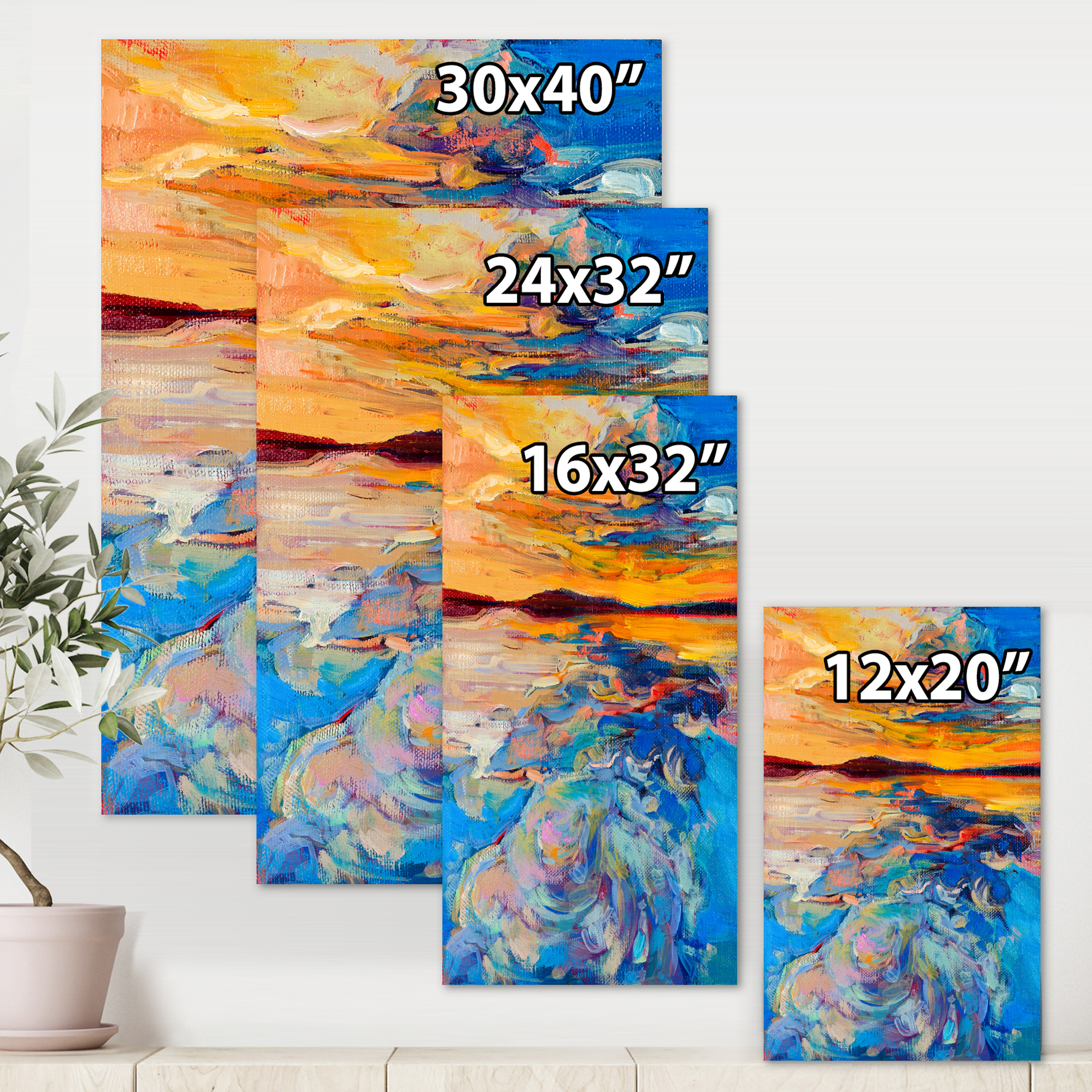 Designart ' Whirly Blue Waves Under Orange Sunset ' Nautical & Coastal Canvas Wall Art Print