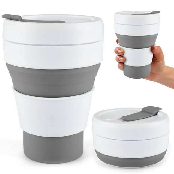 Spacesaver Collapsible Coffee Cup - Outdoor Collapsible Cups for Camping, Hiking, Traveling - Foldable Cup, Camping Cup, Folding Cup - Reusable To Go Coffee Cup, Portable Cup - Grey