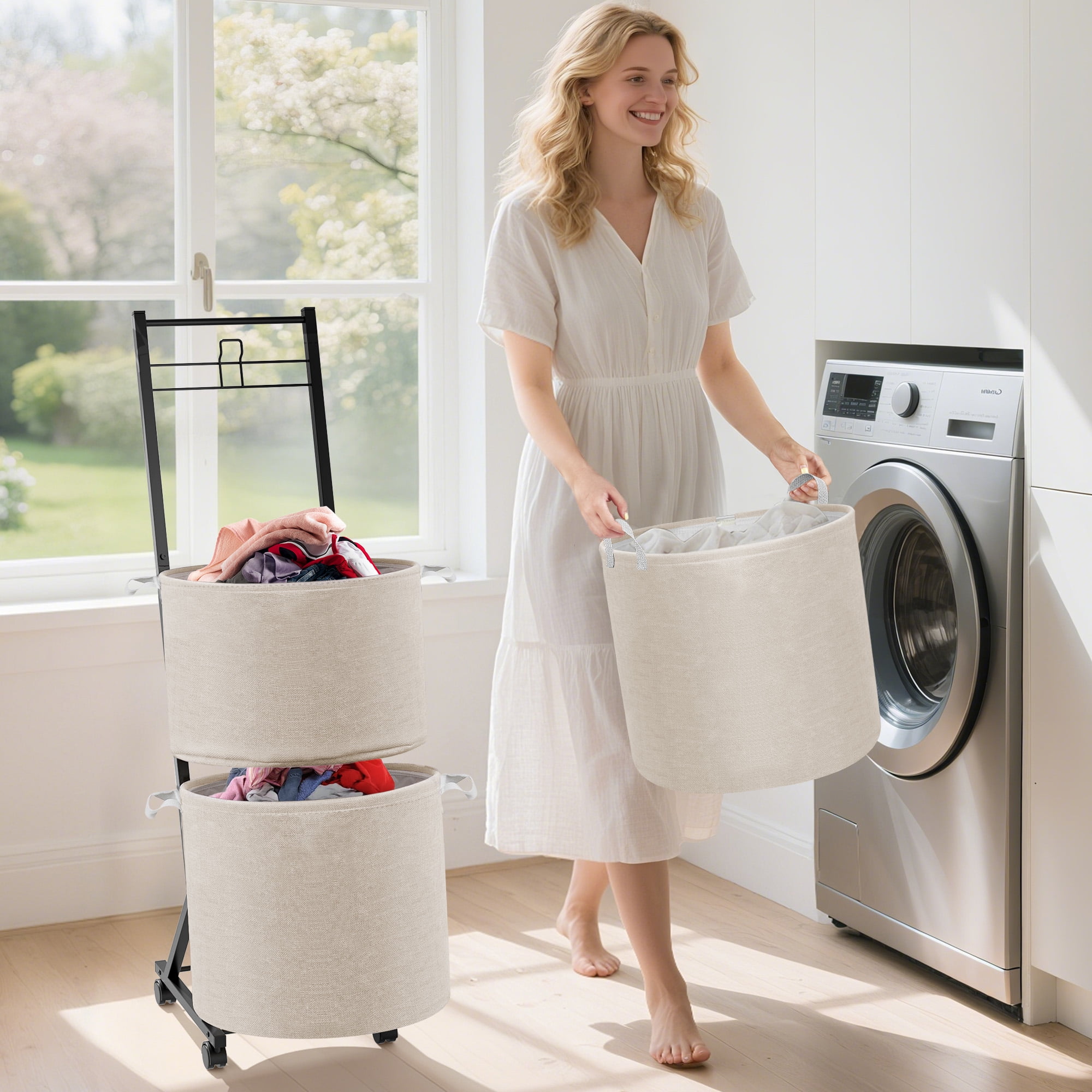 YOUPINS 3-Tier Laundry Hamper Sorter,Laundry Storage Organizer with Wheels Removable Rolling Laundry Baskets for Home,Bathroom,Dorm Laundry Room,Beige