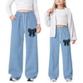thumbnail image 2 of Bainana Casual Sweatpants For Girls Bowknot Print Wide Leg Elastic Waist Joggers Athletic Pants With Pockets Little Girls Youth Classic Fit Casual Pants Blue Size 11-12 Years, 2 of 5