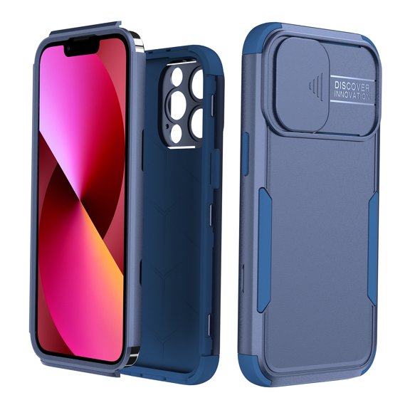 SaniMore for iPhone 13 Pro (6.1" 2021) Case, [Sliding Camera Window] Wireless Charging Shockproof Drop Resistant Hybird PC TPU Anti-slip Heavy Duty Protective Shell for iPhone 13 Pro, Navy Blue