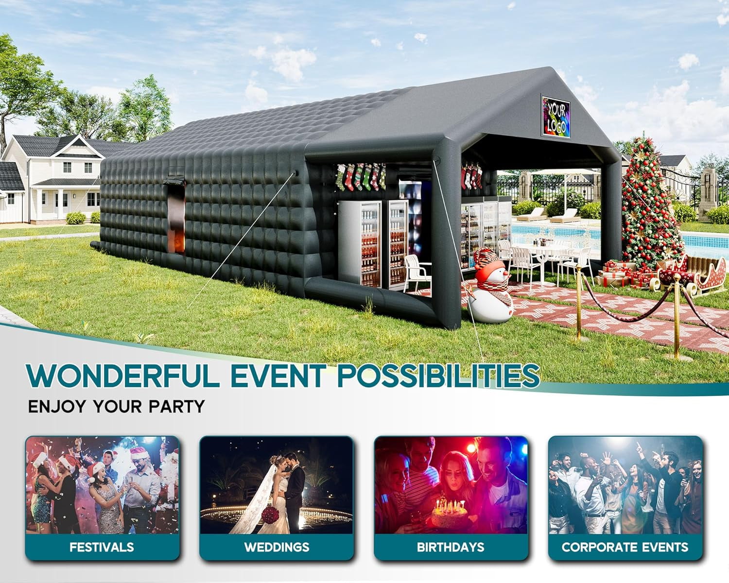 LUXOAK 39x20x14 ft Large Black Inflatable Night Club Tent for Adults with Extra Pavilion Rest Area, Inflatable Nightclub, Event House for Party