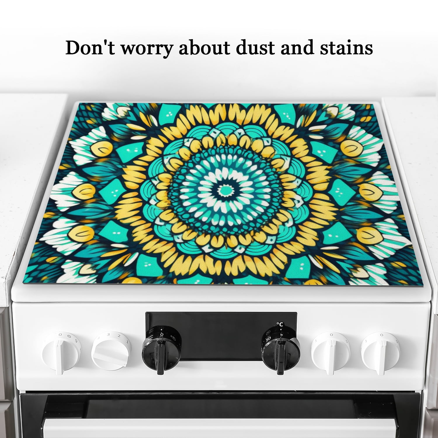 Stove Top Covers for Gas Burners Stove, Yellow and Turquoise Floral Mandala Pattern Non-slip Glass Top Protector Mat, Multifunctional Pad Expands Usable Space for Kitchen RV (28×20 Inch)