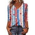 thumbnail image 4 of Wutalume Women's 3/4 Sleeve American Flag Top - Stars and Stripes Independence Day Print V-Neck T-Shirt, 4th of July Outfits for Women, 3/4 Length Sleeve Womens Tops,Beige L, 4 of 7