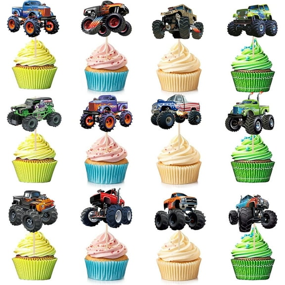 24 PCS Monster Truck Cupcake Toppers Truck Car Theme Birthday Party Decorations Racing Car Theme Birthday Decoration for Boys Girls Baby Shower Kids Cake Decorations Party Supplies