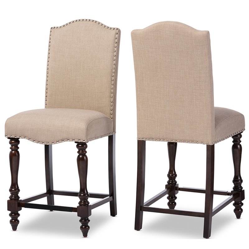 Baxton Studio Zachary 25" Counter Stool in Oak and Beige (Set of 2