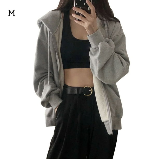 Sudadera con capucha para mujer Abrigo con capucha con cremallera abierta en la parte delantera Abrigo informal suelto para niña, Gris, M sidaley AP001482-01B