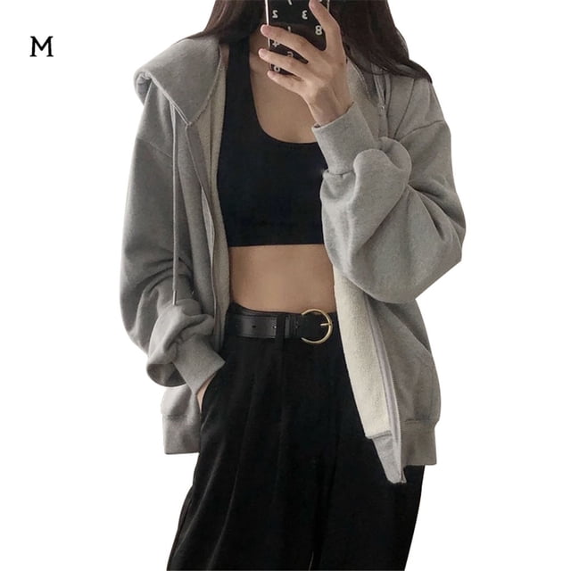 Sudadera con capucha para mujer Abrigo con capucha con cremallera abierta en la parte delantera Abrigo informal suelto para niña, Gris, M Vogacara AP001482-01B