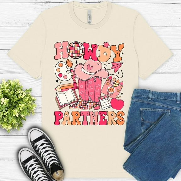 Howdy Partners Teacher Shirt – Western Classroom Cowboy Graphic Tee , Natural, S