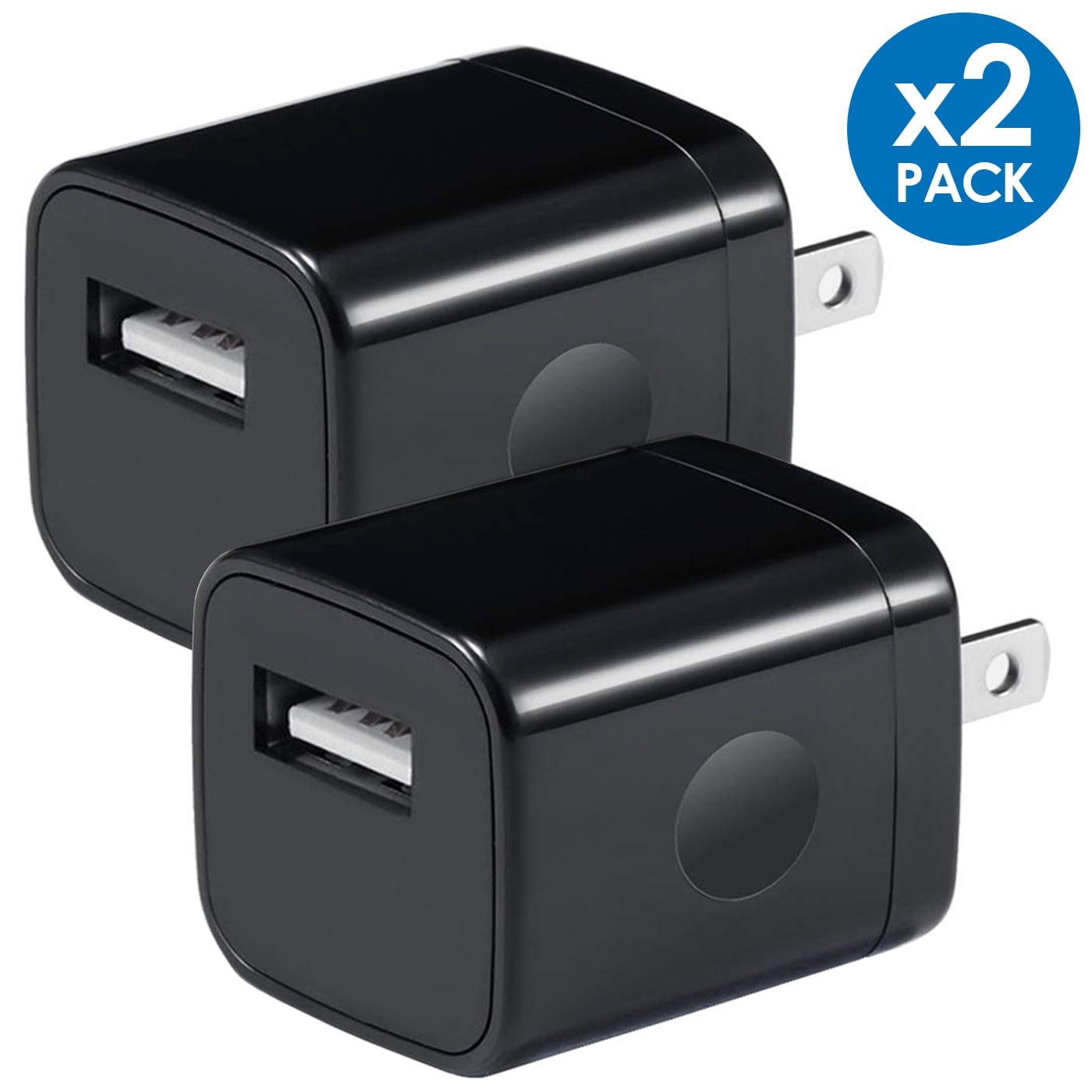 2-PACK USB Wall Charger, 1A/5V 1-Port USB Wall Plug Travel Charging Adapter Compatible with iPhone 6 / 7 / 8 / X / XR / 11 / 12 / 13, Samsung Galaxy S8, S9, S10, A90, Universal, Full Black