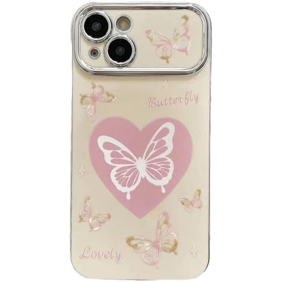 Cute Butterfly Pink Love Heart Silver Plated Edge Soft for iPhone Case (White,iPhone 14 Pro Max)