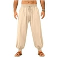 thumbnail image 5 of Havenre Mens Harem Pants Casual Drawstring Elastic Waist Comfy Baggy Hippie Trousers Loose Fit Soft Cotton Linen Boho Yoga Beach Pants with Pockets Beige XXXL, 5 of 10
