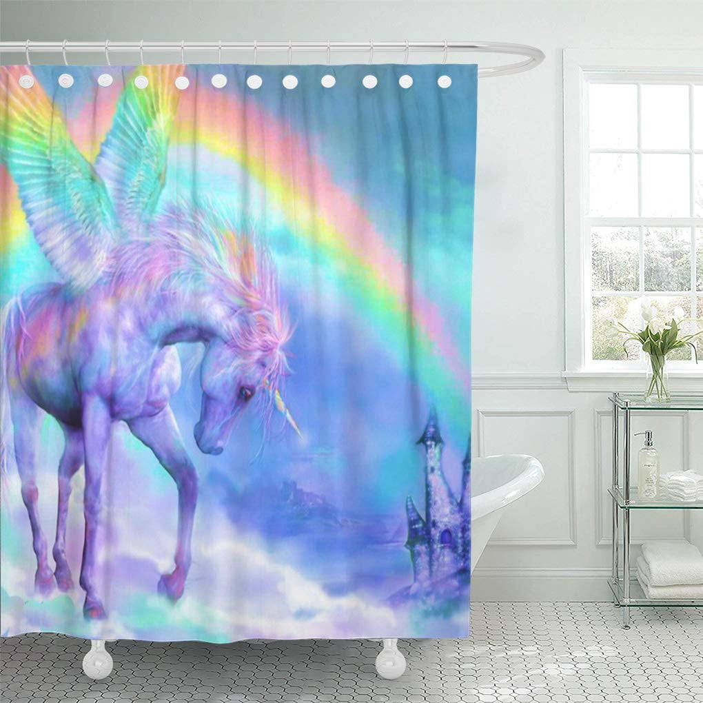 Cynlon Fantasy Unicorn And Rainbow Mythical Bathroom Decor Bath Shower Curtain 60x72 Inch