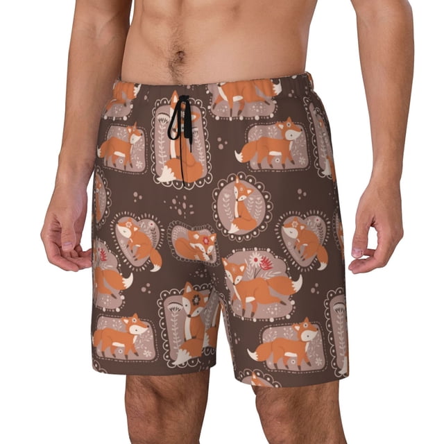 Kdxio Beautiful Fox Print Mens Swim Shorts with Mesh Lining, Breathable and Quick-Drying, Adjustable Waist, Privacy Pocket-X-Large