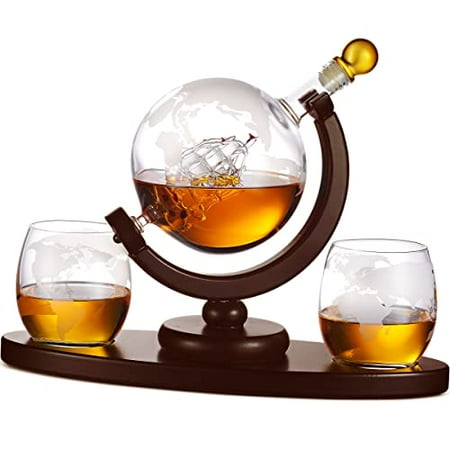 

Whiskey Decanter Globe Set with 2 Etched Whiskey Glasses - for Liquor Scotch Bourbon Vodka Gifts For Men - 850ml