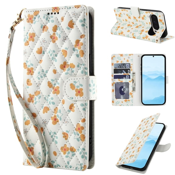 New Phone Case for Google Pixel 10 Pro XL , Women Girl Slim PU Leather Flower Pattern Shockproof Full Body Flip Card Slots Wallet Phone Case With Strap, Yellow