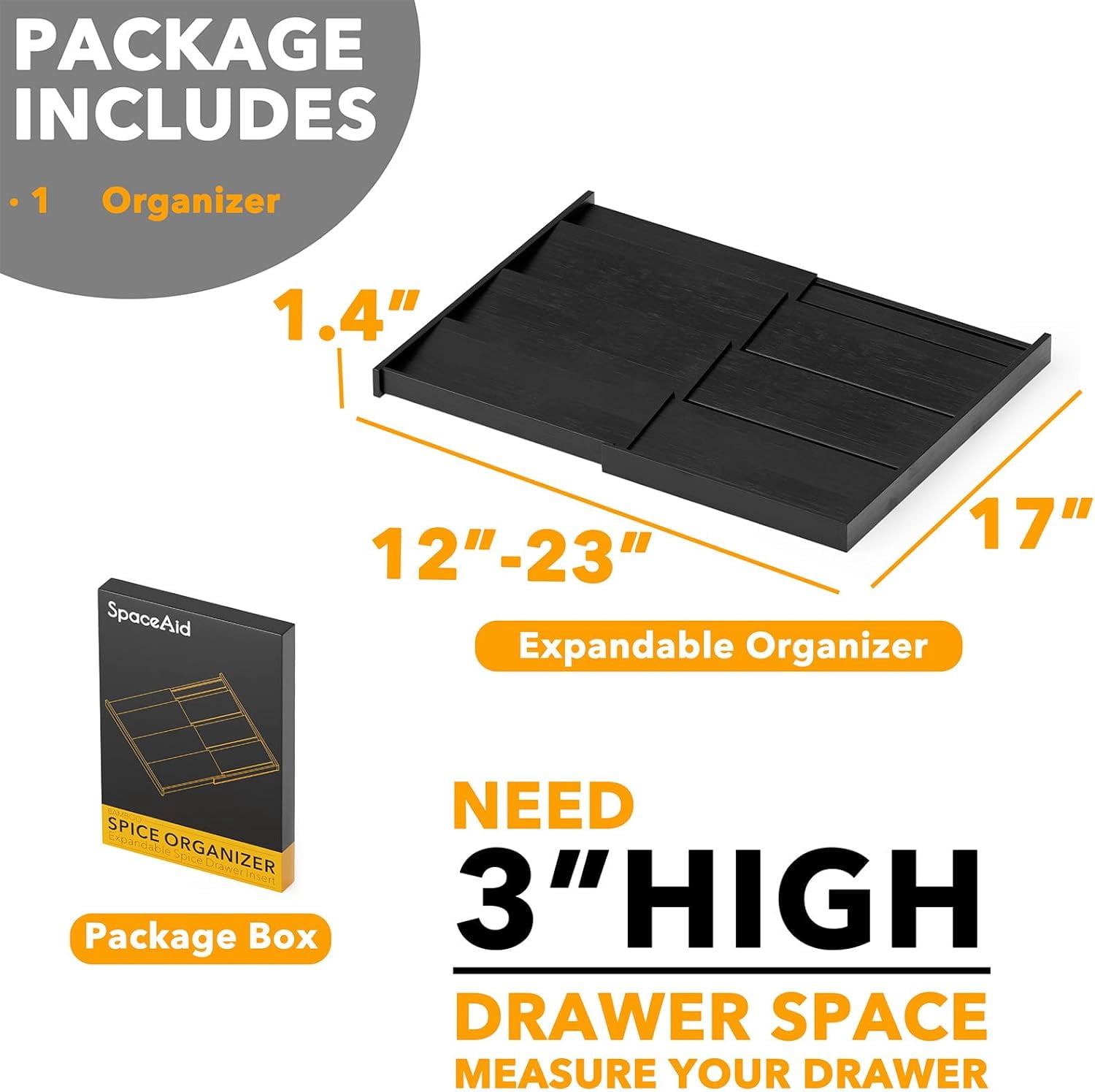 SpaceAid Bamboo Spice Drawer Organizer, Expandable, from 12" to 23" Wide (Need 3" Deep Drawer, Jars Not Included), Black