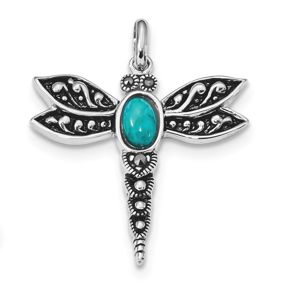 Sterling Silver Rhodium/Oxidized Recon. Turq/Marcasite Dragonfly Pendant