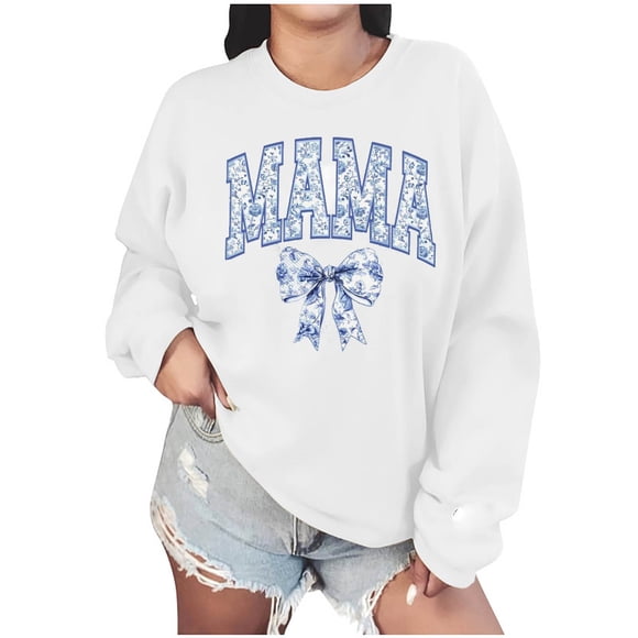 Penkiiy Mujeres de manga larga Mama Sudaderas de cuello redondo Suéter de cuello suelto blusa ligera Tops S Blanco