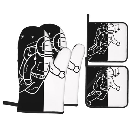 Astronaut Oven Mitts And Pot Holders Sets Baking Sets For Kitchen Bbq Gloves Heat Resistant Cooking Stars Drawing Design 4 Pcs