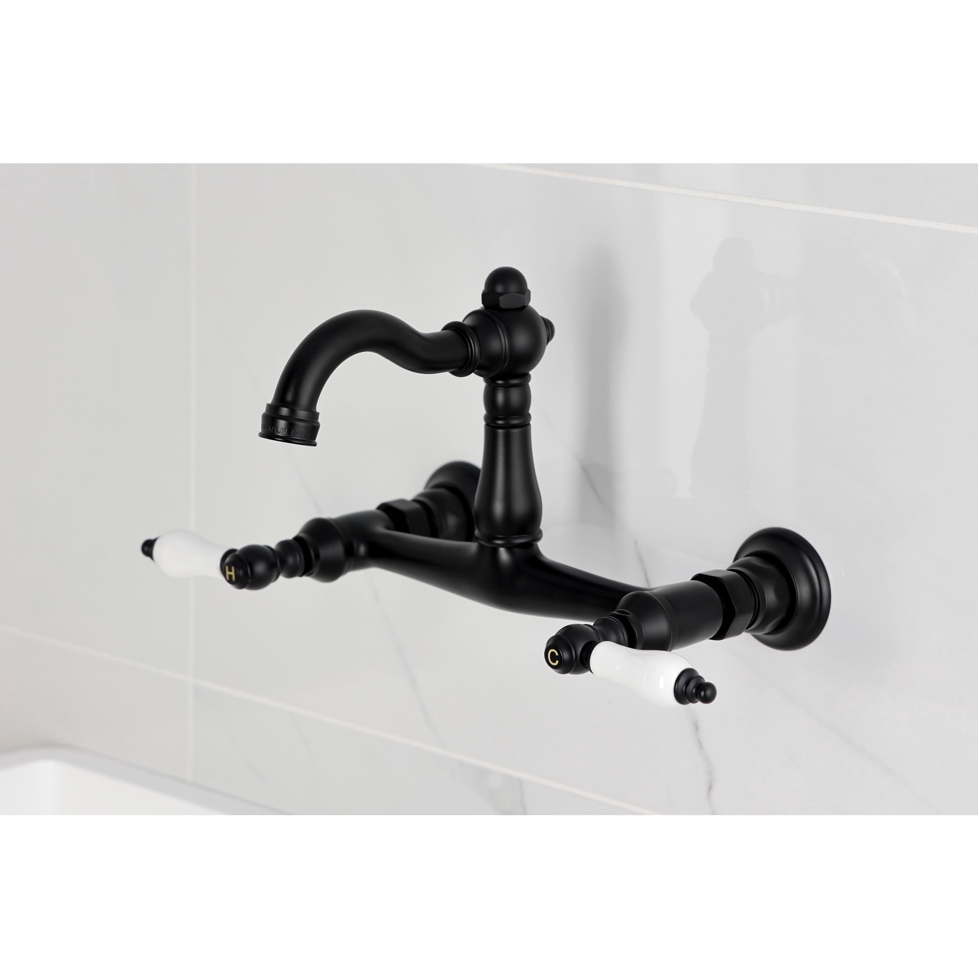 Kingston Brass KS3250PL Vintage Double-Handle Wall-Mount Bridge Kitchen Faucet, Matte Black