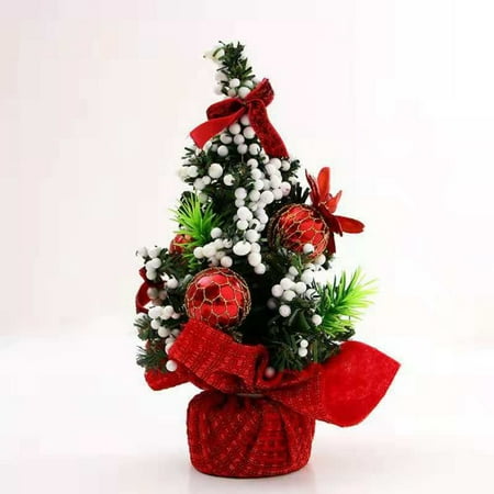 20cm Tall Tabletop Mini Christmas Tree Ribbon Bow Balls Ornaments Artificial Xmas Tree Home Office