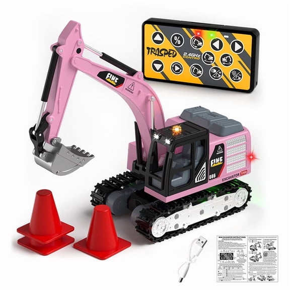 Mini RC Excavator Toys for Kids, 1/64 Scale Remote Control Construction Vehicles with Lights & Sound for Boys Girls Christmas Birthday Gifts-Red
