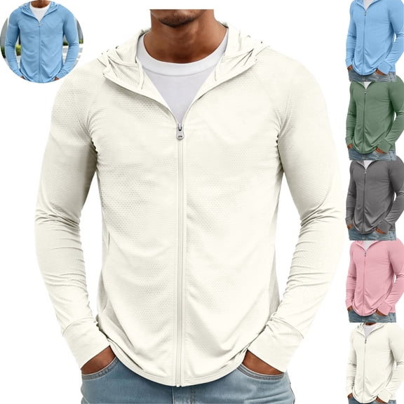 Mfakffe Mens Lightweight Zip Up Hooded Sun Protection Jacket Breathable Mesh Long Sleeve Outdoor Sun Shirt Quick Dry UPF Cover Up for Cycling Fishing Hiking