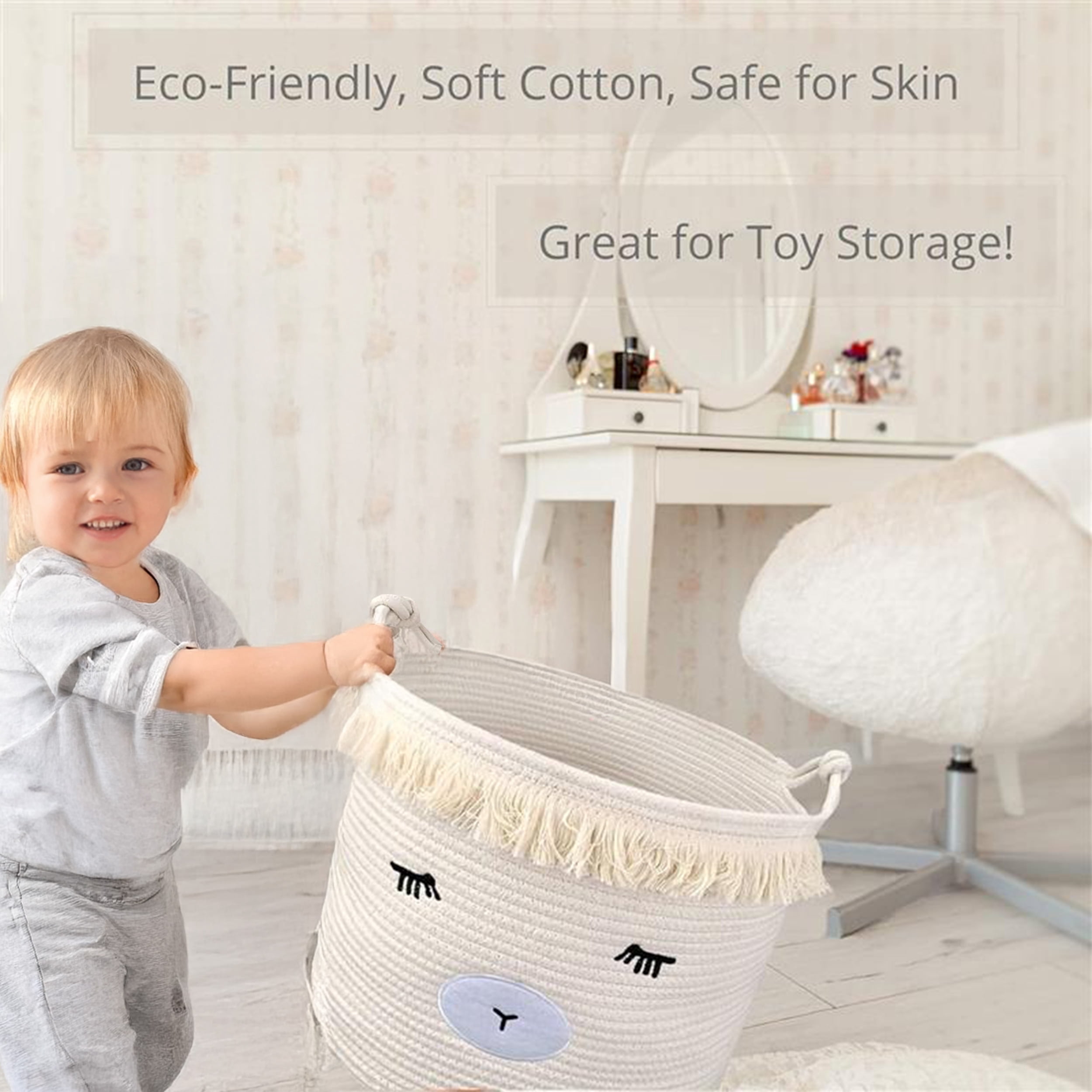 Woven Cotton Rope Baby Basket with Lamb Design – Nursery Storage Bin, Toy & Blanket Organizer, Decorative Hamper (16" × 13")