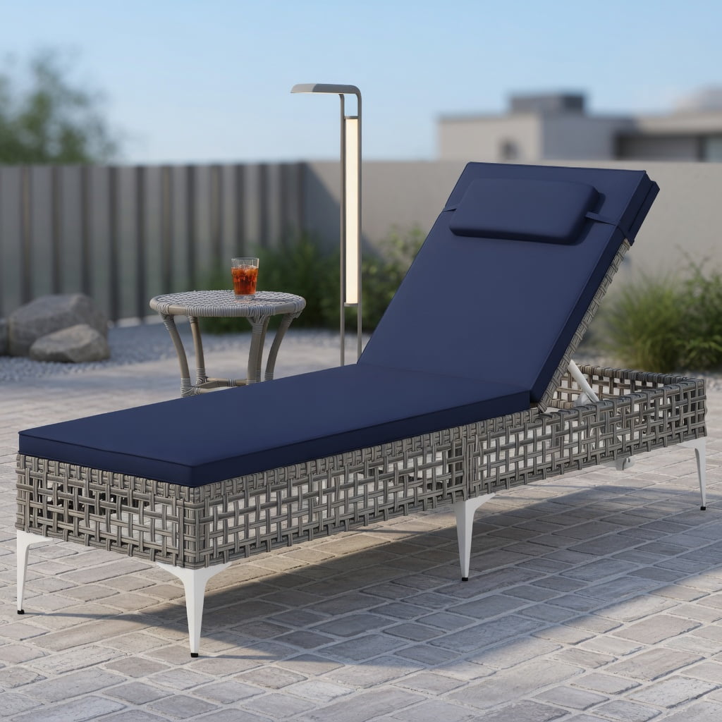 GVN Patio Lounge Chair Outdoor Chaise Lounge Chair Patio Chaise Lounge Chair with 6-Level Adjustable Backrest and Headrest for Poolside-Navy
