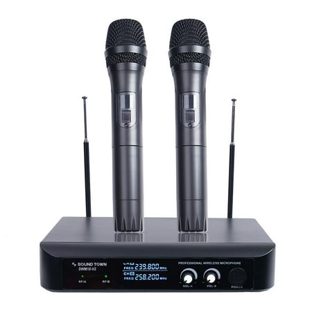 Sound Town Professional Dual-Channel VHF Handheld Wireless Microphone System with LED Display, 2 Handheld Mics for Family Party, Conference, Karaoke, wedding, Church (SWM10-V2HH)