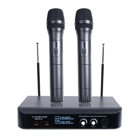 Sound Town Professional Dual-Channel VHF Handheld Wireless Microphone System with LED Display, 2 Handheld Mics for Family Party, Conference, Karaoke, wedding, Church (SWM10-V2HH)