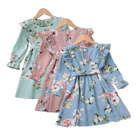 

Esaierrr Girls Crewneck Casual Dress for Baby Kids 2-7Y Cartoon Dress Ruffle Party Dress Lace-Up Gowns Long Sleeve Princess Dress