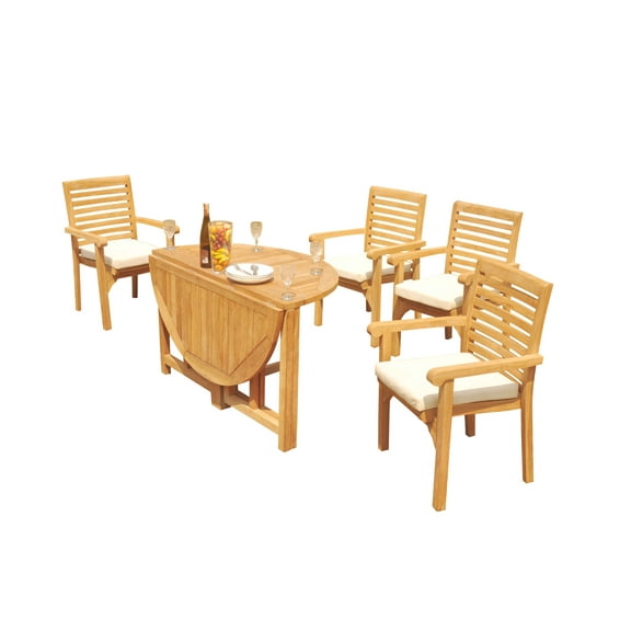 Grade-A Teak Dining Set: 4 Seater 5 Pc: 48" Round Butterfly Table And 4 Hari Stacking Arm Chairs Outdoor Patio WholesaleTeak #51HR0905