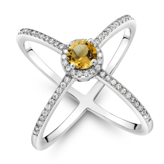 Gem Stone King 1.54 Ct Round Yellow Citrine 925 Sterling Silver Criss Cross X Ring (Size 5)