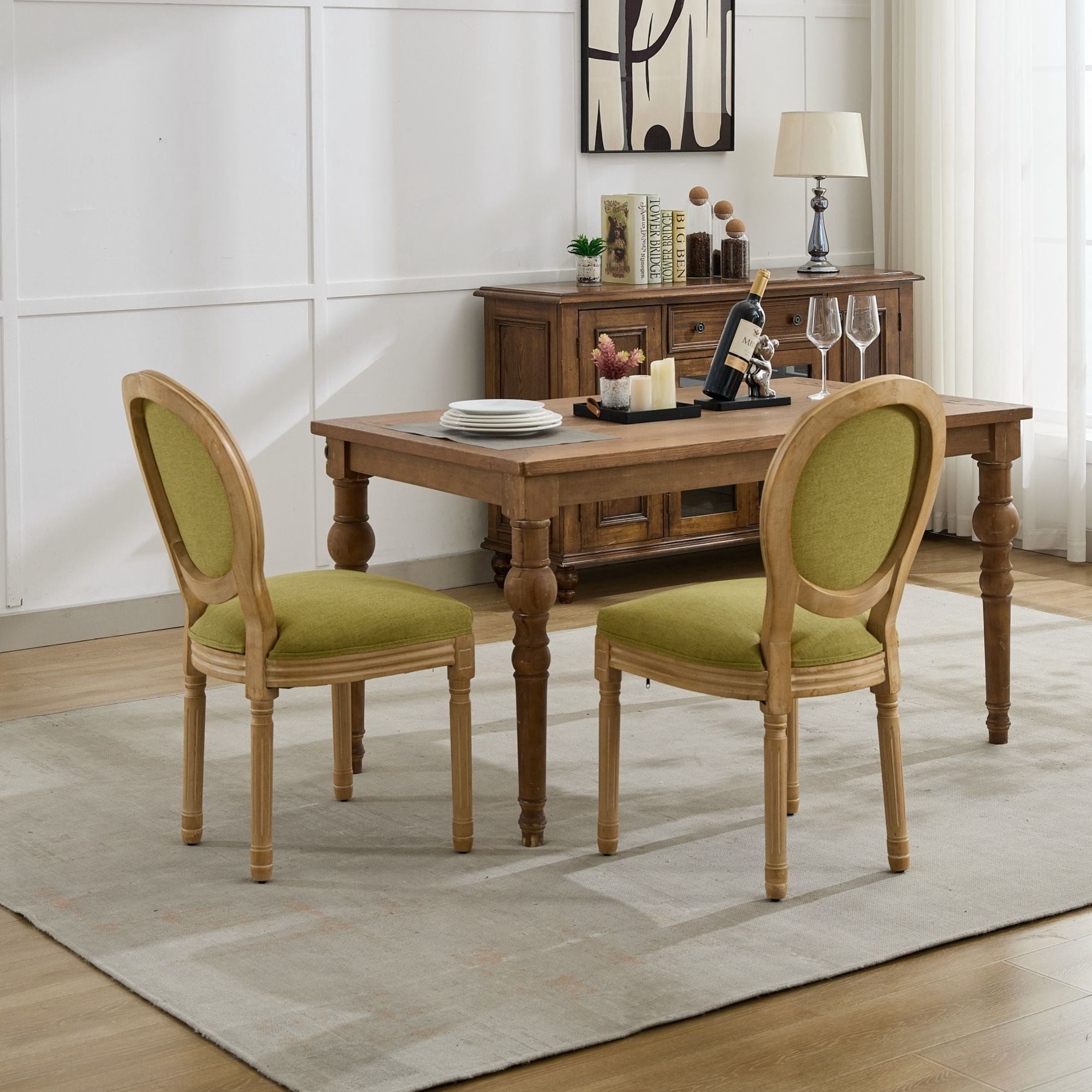 GDF Studio 23.4" French Dining Chairs Set of 2 with Linen Fabric Upholstery, Solid Rubberwood Frame, Olive Green