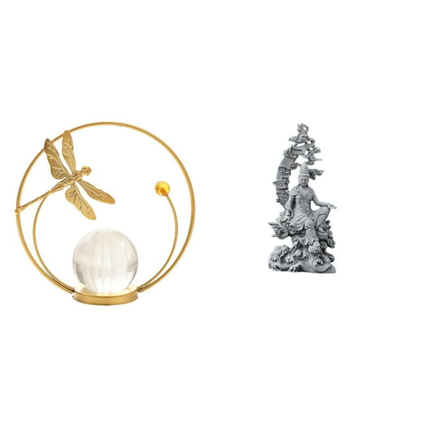 Estatua de bola de cristal,Estatuas de bolas de cristal para decoración del hogar,escritorio interior,Escultura de bola de cristal Figura de hierro Decoración,Estatua de Guan Yin,Estatua de