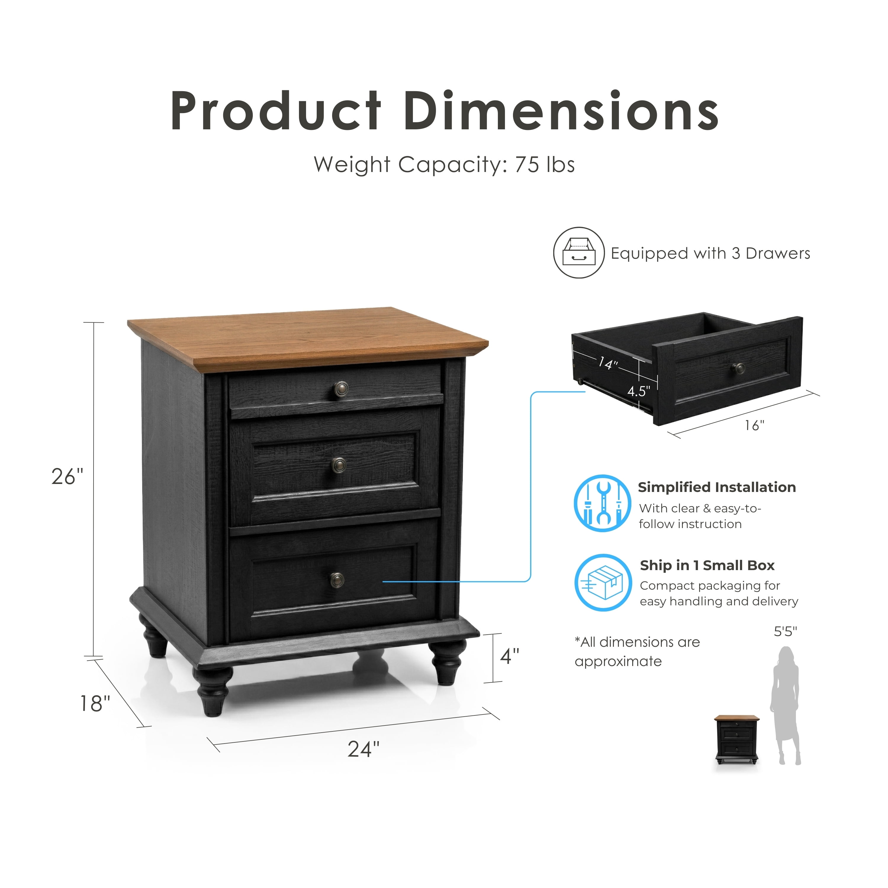 Furniture of America Calix Traditional Wood 3-Drawer Kids Nightstand, Black
