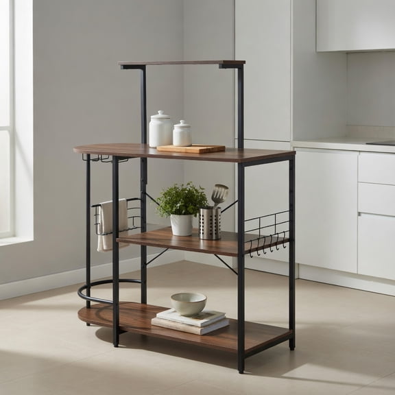 Barara King Kitchen Bakers Rack, Kitchen Microwave Stand, 4-Tier Kitchen Bakers Rack with 6 S-Hooks and Stemware Racks-Rustic Brown