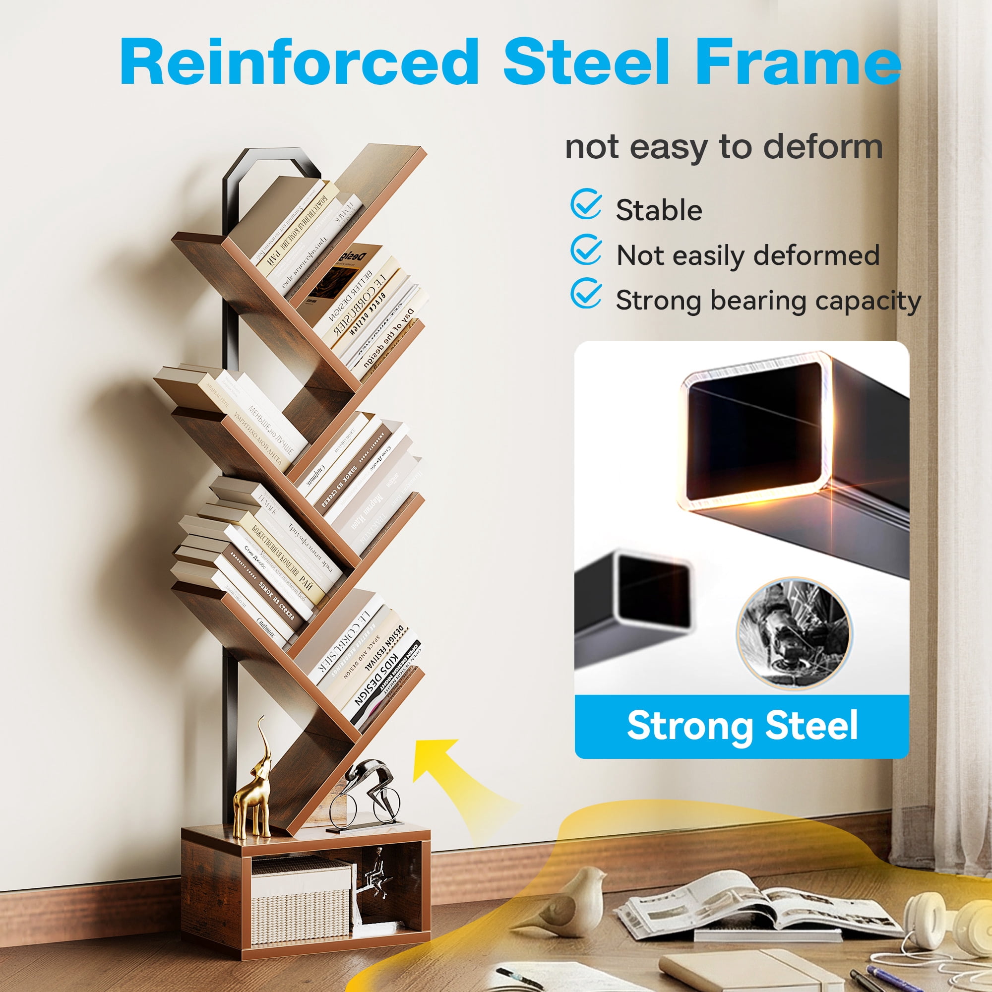 Casacomoda 6-Tier Tree Bookshelf for Corner & Small Space — Narrow Steel & Wood Bookcase, Tall Floor Standing Book Organizer Shelf with Storage Cabinet, Home Decor for Living Room, Bedroom, Vintage