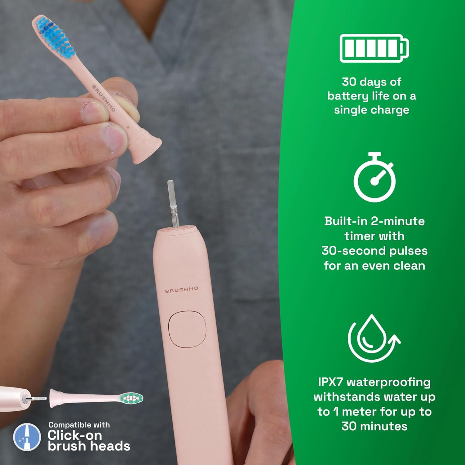 Brushmo Super Sonic Rechargeable Toothbrush, 5 Brushing Modes, Includes 4 Brush Heads, 2-min Timer, 30-Day Battery, Charging Base, Nova Pink