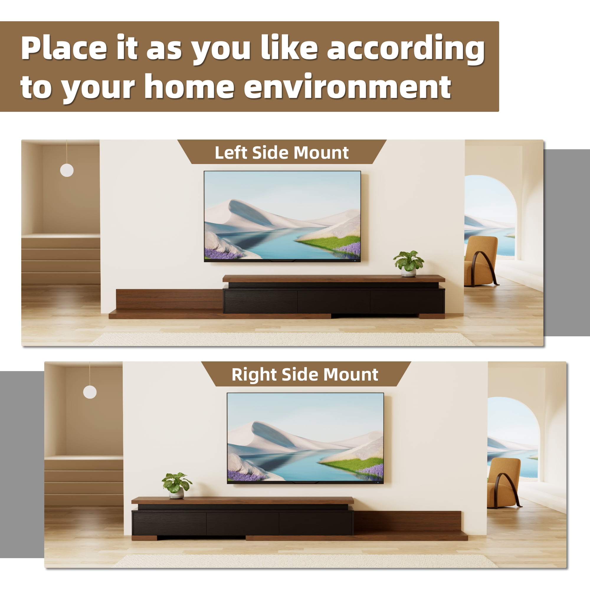 Tolead Extendable TV Stand with LED Lights – Modern Reversible Wood Entertainment Center for TVs 80"-106" with Three Drawers, Black & Walnut Finish, Ideal for Living Room & Bedroom