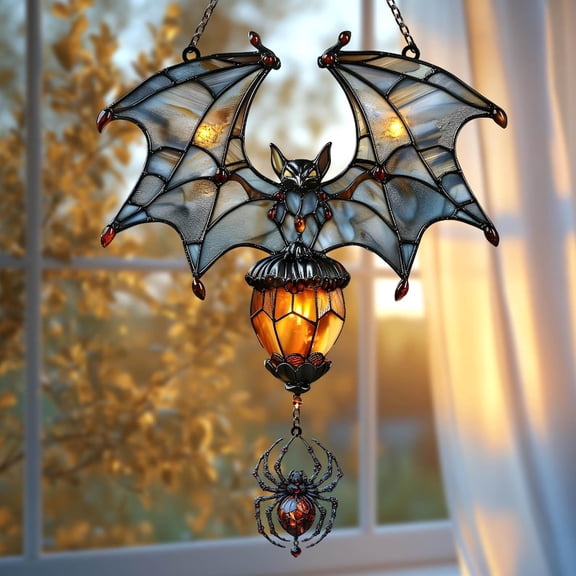 Gothic Bat Faux Stained Glass Suncatcher 2D Faux Lamp, Acrylic Spider Window Hanging for Vampire Decor or Halloween Fantasy Collectors