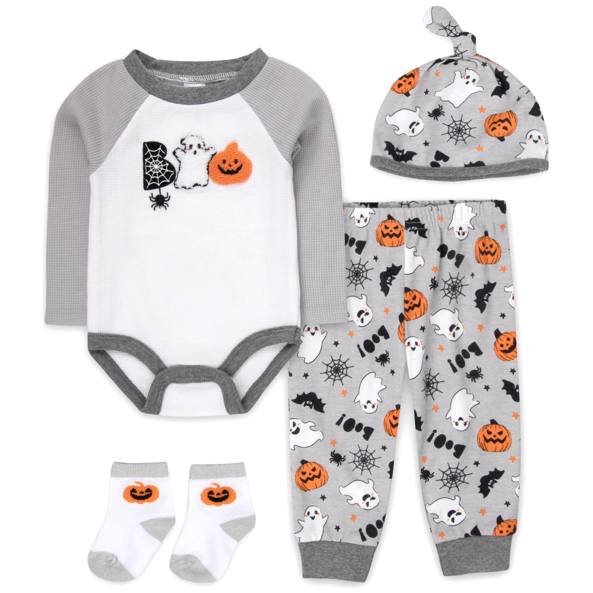 Baby Essentials Infant Boy Halloween Outfit Set with Bodysuit, Pants, Hat & Socks (Grey Boo Ghost Pumpkin, 3 months)