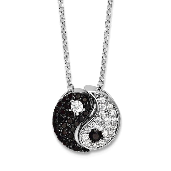 925 Sterling Silver Rhodium Plated Black White CZ Yin Yang With 2in Extension Necklace 16 Inch 11.8mm Wide Pendant Neckl