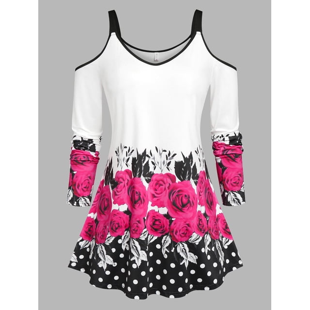 Camiseta de Talla Extra con Estampado Floral con Hombros Al Aire Rosegal Mangas largas de talla grande