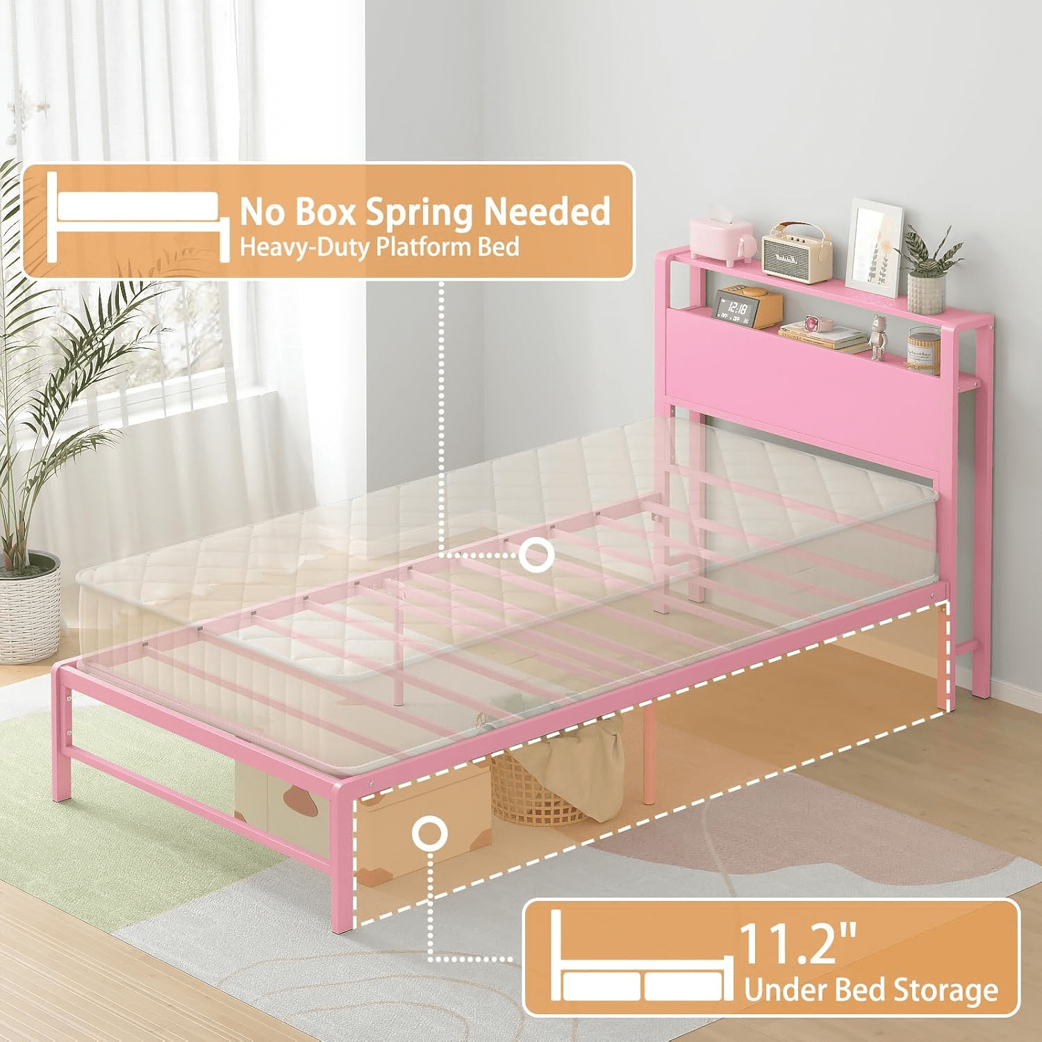 Yoneston Twin Kids Metal Bed Frame with 2-Tire Storage Headboard, Heavy Duty Platform Bed Frame Bedroom Furniture for Girls, Pink