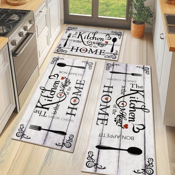 MeyJey Juego de Tapetes de Cocina Estilo Rústico, 3 Piezas Antideslizantes, Lavables a Máquina, para el Piso Del Hogar y la Sala de Estar, Blanco Hueso