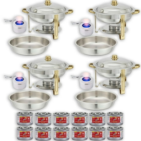Round Chafing Dish Buffet Set w/Fuel — Water Pans + Food Pans (4 qt) + Frames + Lids + Fuel Holders + 12 Fuel Cans — 4 Full Warmer